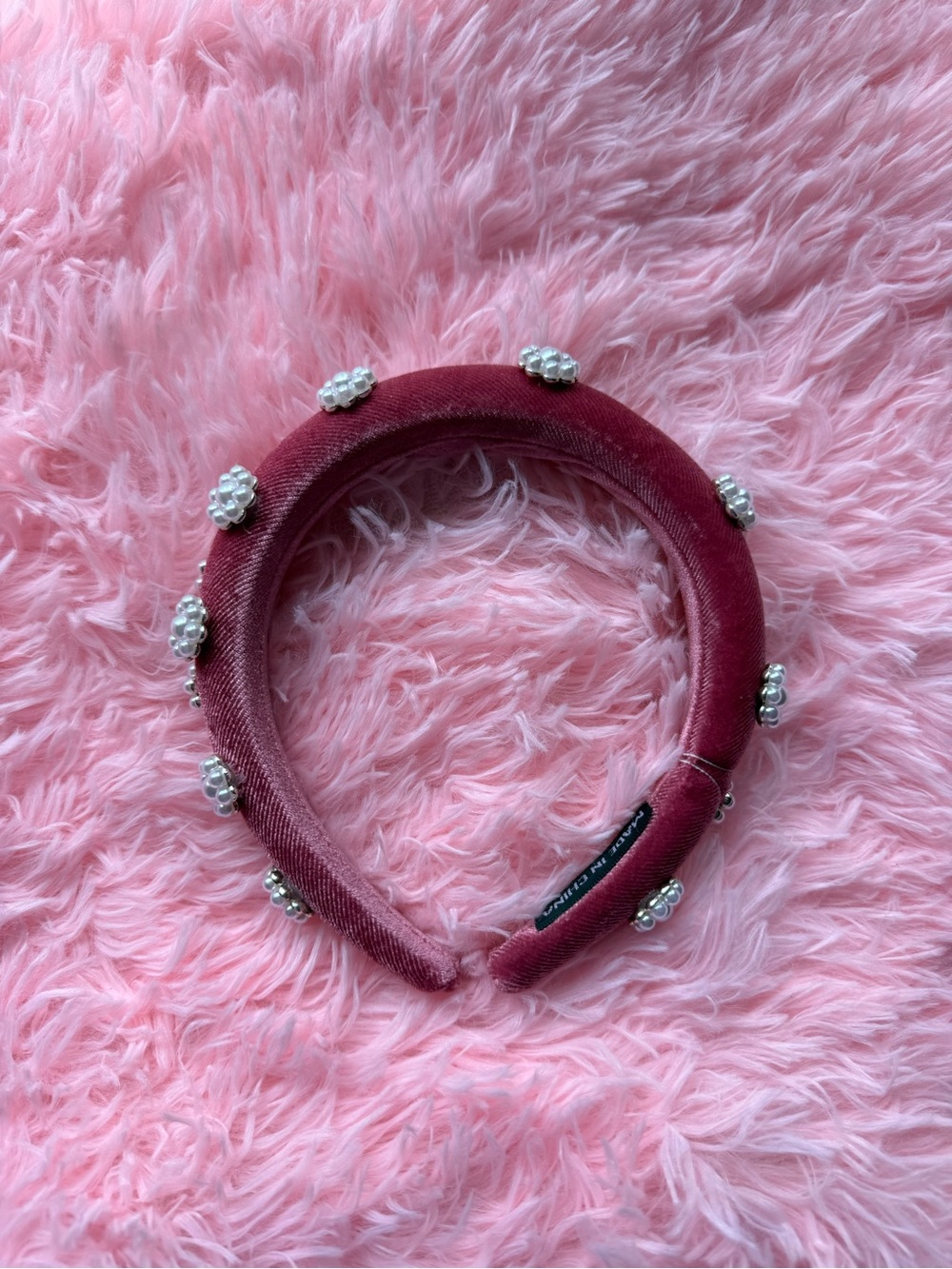 Francesca's Velvet Pearl-Embellished Headband in Burgundy